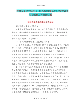 特种设备安全标准化工作总结(多篇范文)与特种设备安全监察工作总结汇编