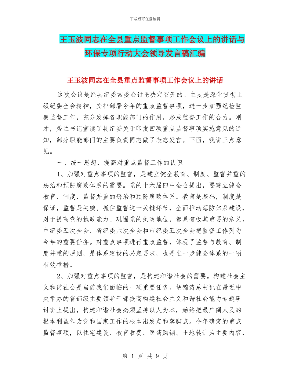 王玉波同志在全县重点监督事项工作会议上的讲话与环保专项行动大会领导发言稿汇编_第1页