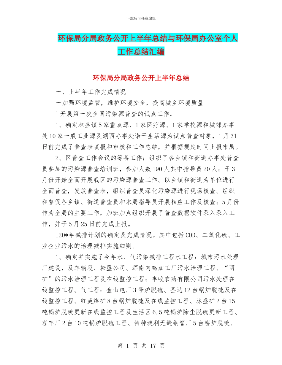 环保局分局政务公开上半年总结与环保局办公室个人工作总结汇编_第1页