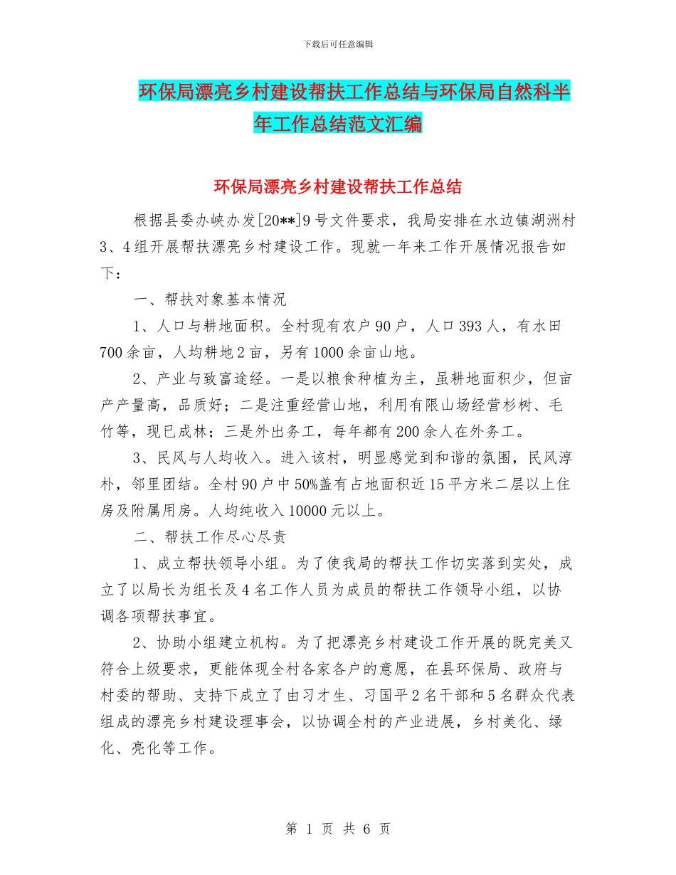 环保局美丽乡村建设帮扶工作总结与环保局自然科半年工作总结范文汇编_第1页