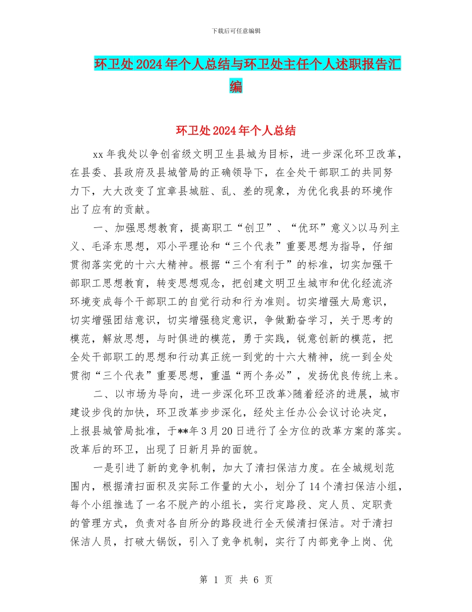 环卫处2024年个人总结与环卫处主任个人述职报告汇编_第1页