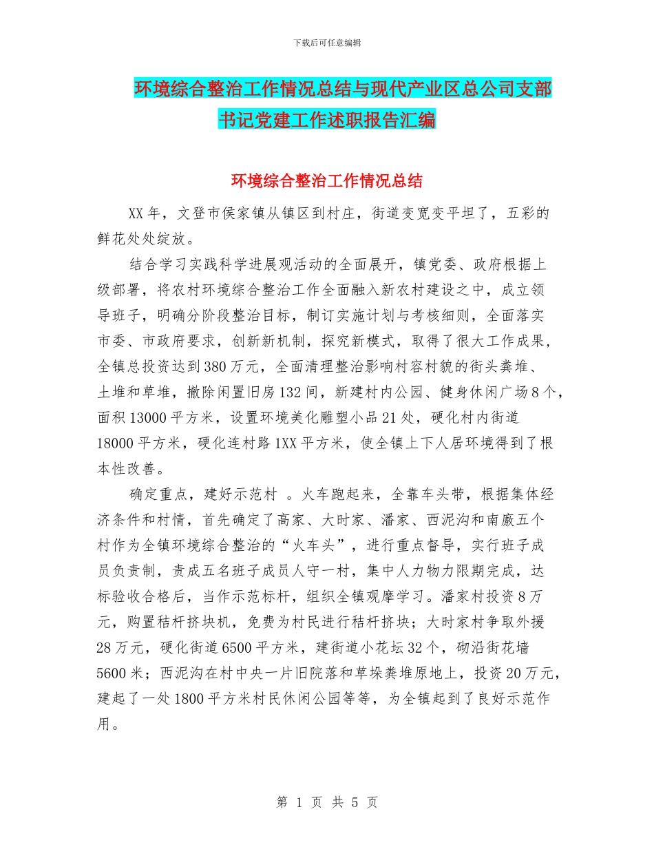 环境综合整治工作情况总结与现代产业区总公司支部书记党建工作述职报告汇编_第1页