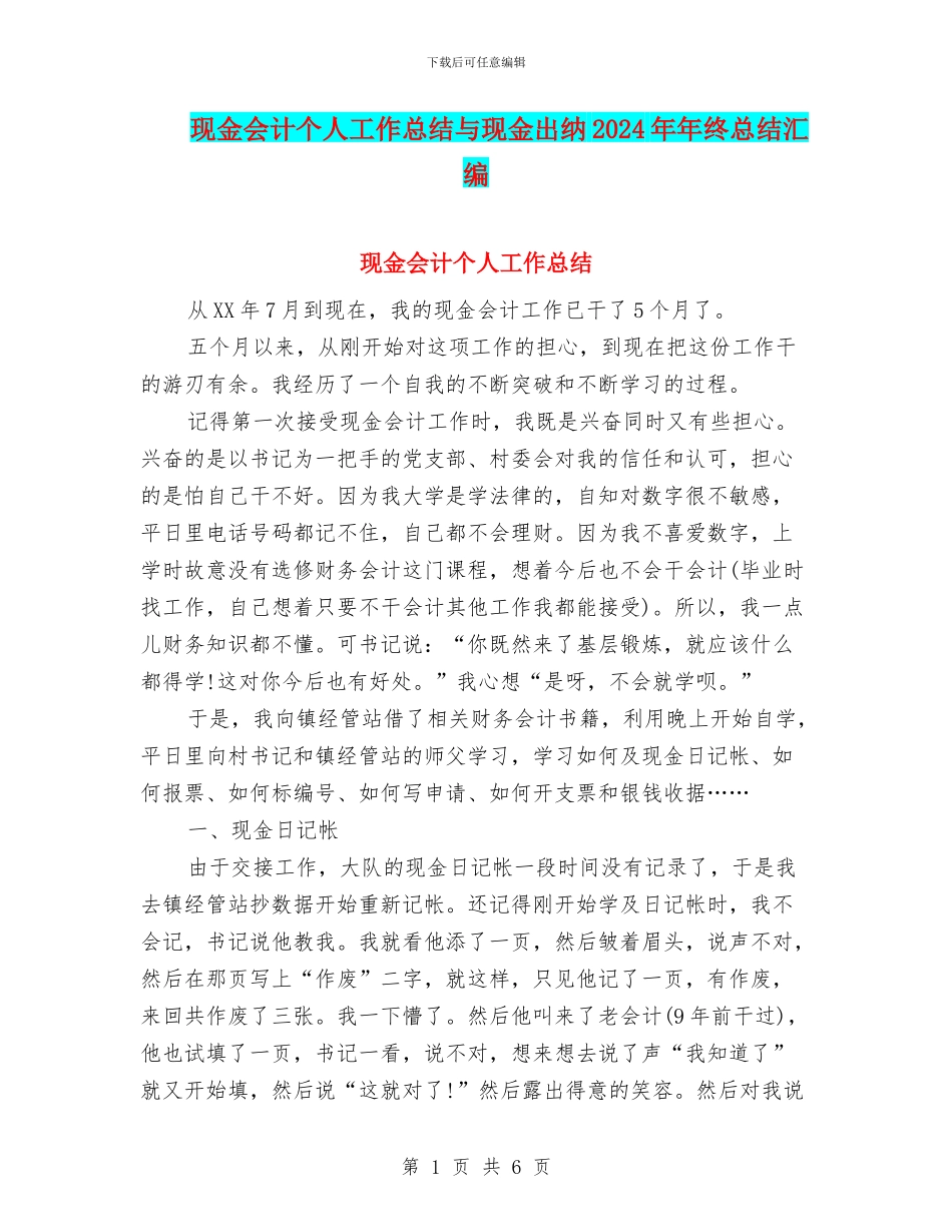 现金会计个人工作总结与现金出纳2024年年终总结汇编_第1页