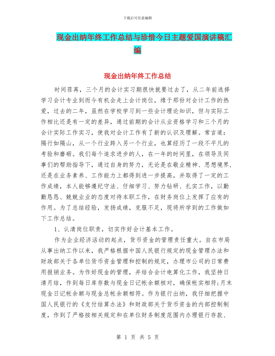 现金出纳年终工作总结与珍惜今天主题爱国演讲稿汇编_第1页