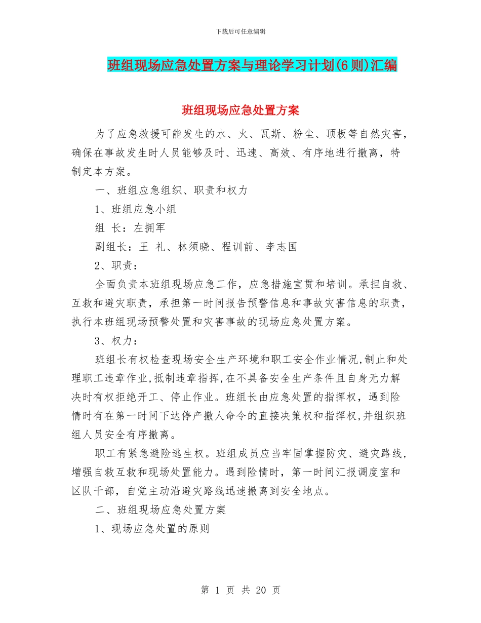 班组现场应急处置方案与理论学习计划汇编_第1页