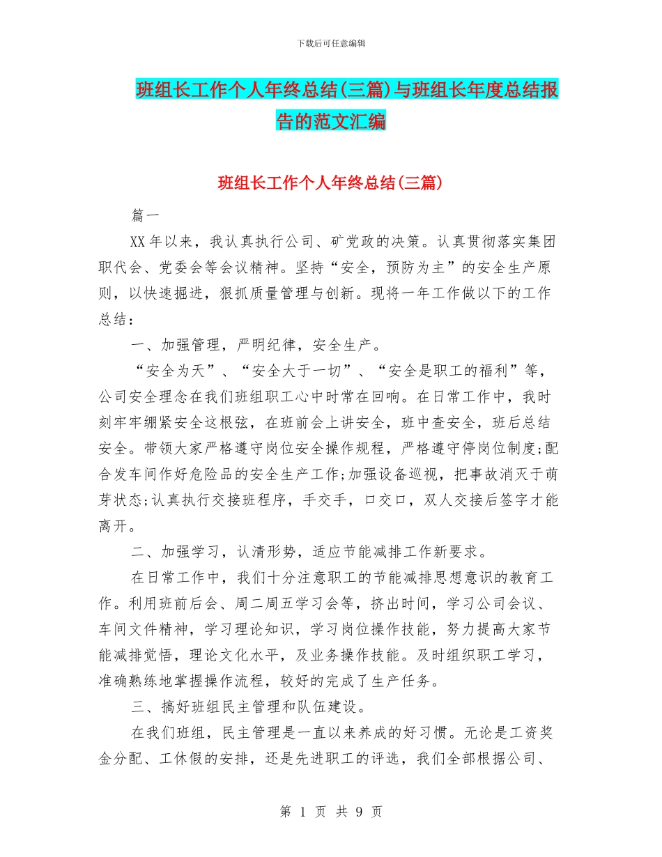 班组长工作个人年终总结与班组长年度总结报告的范文汇编_第1页