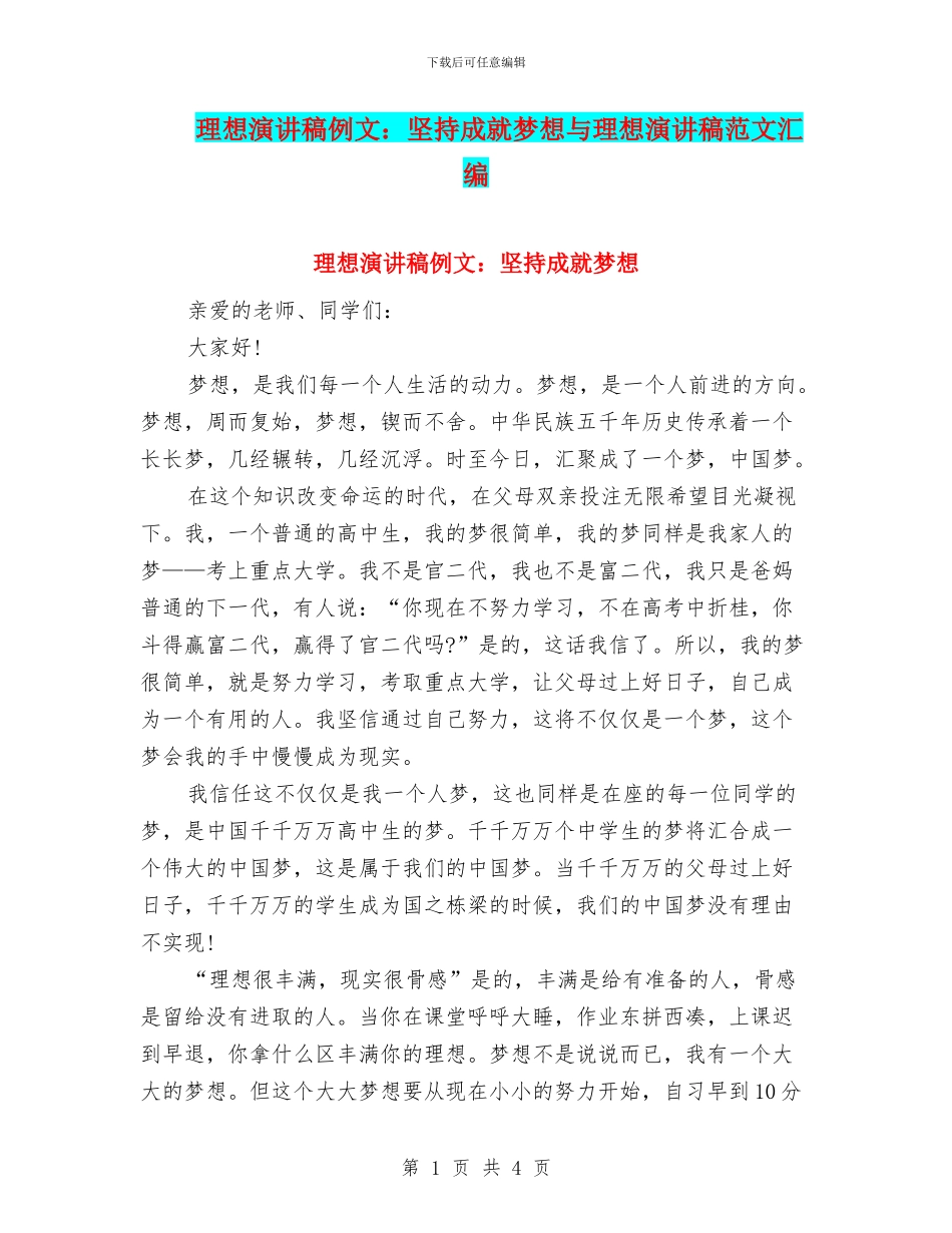 理想演讲稿例文：坚持成就梦想与理想演讲稿范文汇编_第1页