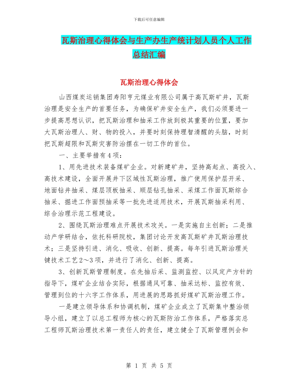 瓦斯治理心得体会与生产办生产统计划人员个人工作总结汇编_第1页