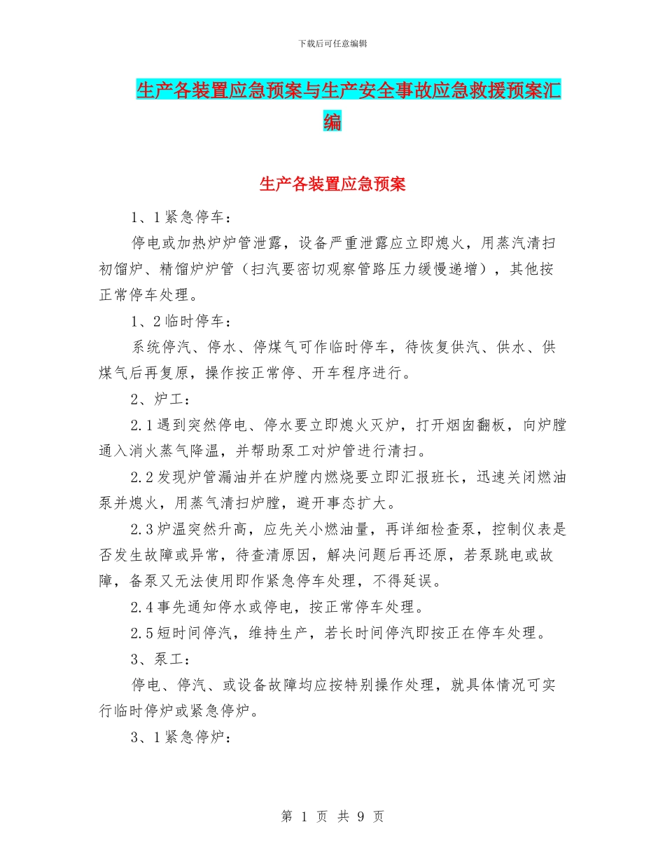 生产各装置应急预案与生产安全事故应急救援预案汇编_第1页