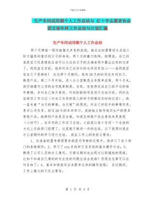 生产车间试用期个人工作总结与-红十字志愿者协会团支部年终工作总结与计划汇编
