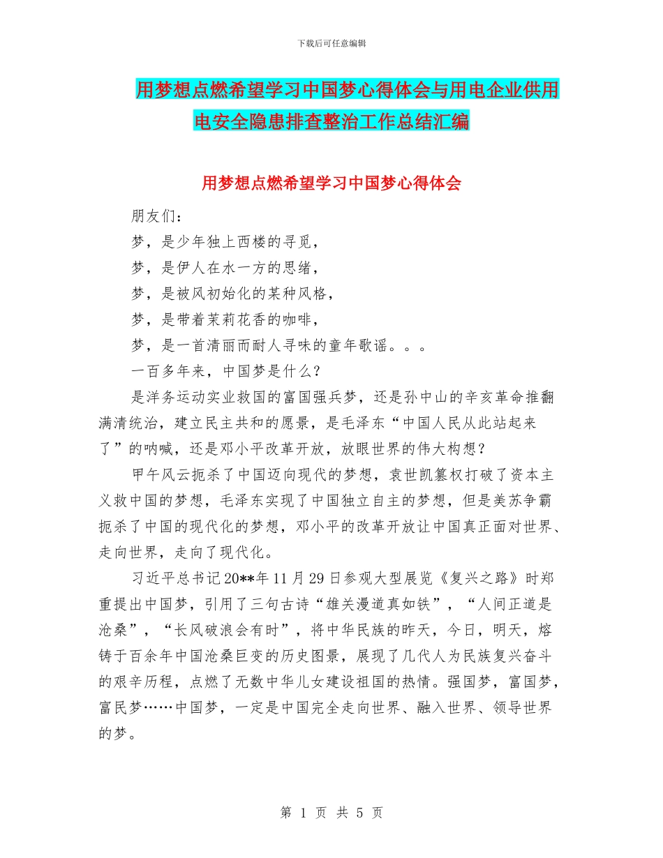 用梦想点燃希望学习中国梦心得体会与用电企业供用电安全隐患排查整治工作总结汇编_第1页