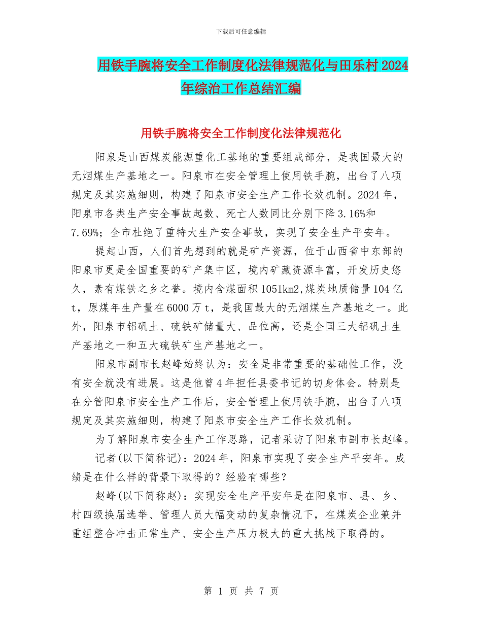 用铁手腕将安全工作制度化规范化与田乐村2024年综治工作总结汇编_第1页