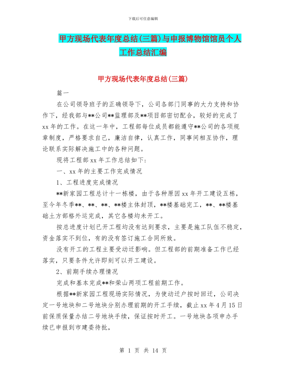 甲方现场代表年度总结与申报博物馆馆员个人工作总结汇编_第1页