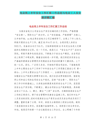 电业局上半年安全工作汇报工作总结与电业工人安全演讲稿汇编