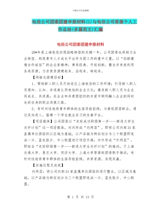 电信公司团委团建申报材料与电信公司客服个人工作总结(多篇范文)汇编