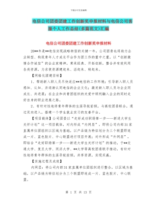 电信公司团委团建工作创新奖申报材料与电信公司客服个人工作总结汇编