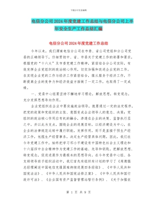 电信分公司2024年度党建工作总结与电信分公司上半年安全生产工作总结汇编
