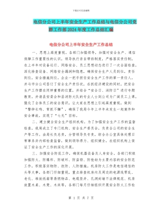 电信分公司上半年安全生产工作总结与电信分公司党群工作部2024年度工作总结汇编
