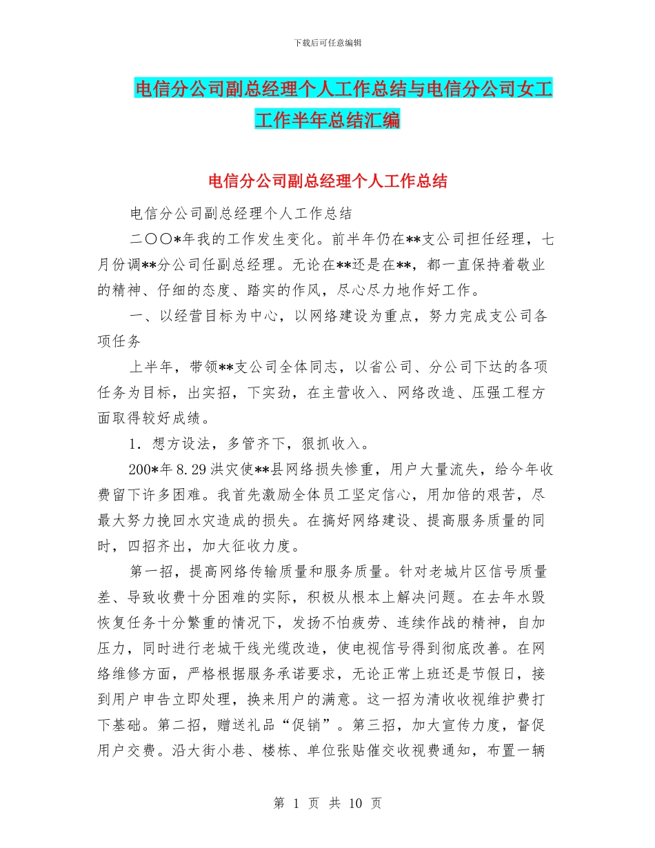 电信分公司副总经理个人工作总结与电信分公司女工工作半年总结汇编_第1页