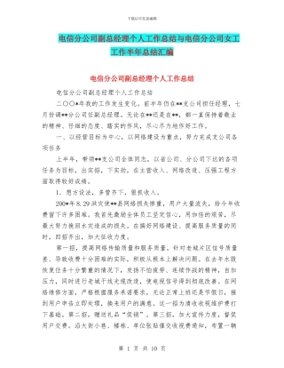 电信分公司副总经理个人工作总结与电信分公司女工工作半年总结汇编