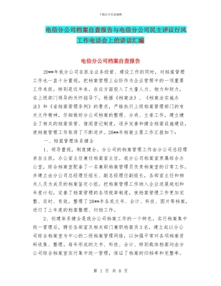 电信分公司档案自查报告与电信分公司民主评议行风工作电话会上的讲话汇编