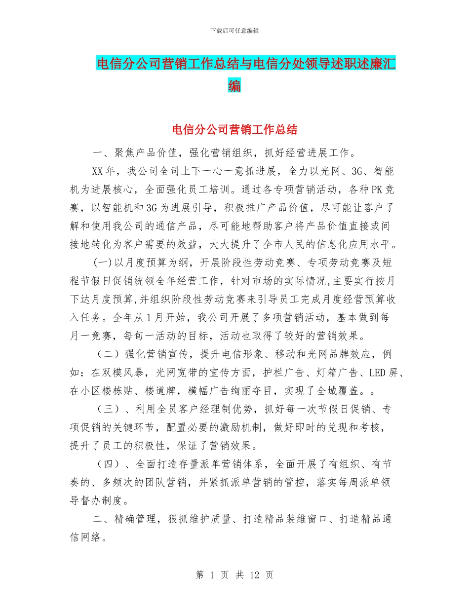 电信分公司营销工作总结与电信分处领导述职述廉汇编_第1页