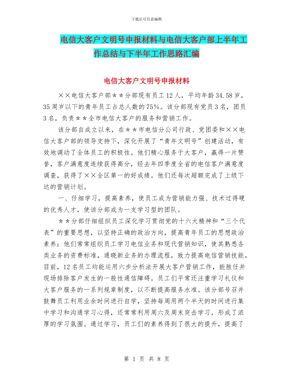 电信大客户文明号申报材料与电信大客户部上半年工作总结与下半年工作思路汇编_第1页