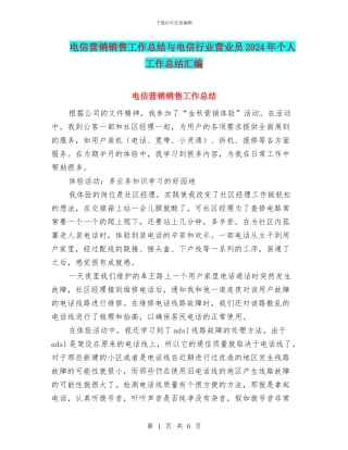 电信营销销售工作总结与电信行业营业员2024年个人工作总结汇编