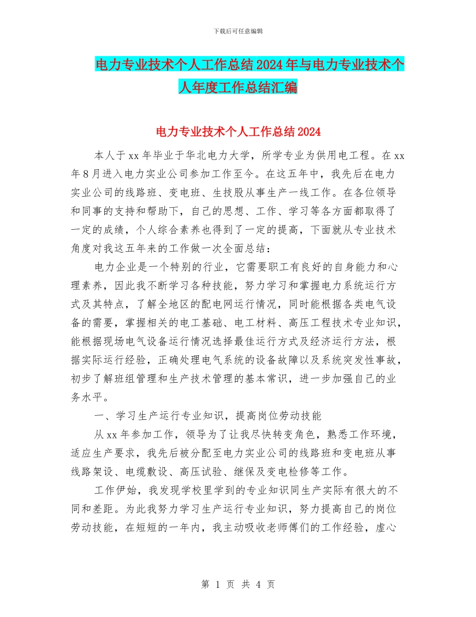 电力专业技术个人工作总结2024年与电力专业技术个人年度工作总结汇编_第1页