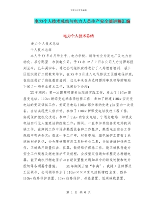 电力个人技术总结与电力人员生产安全演讲稿汇编