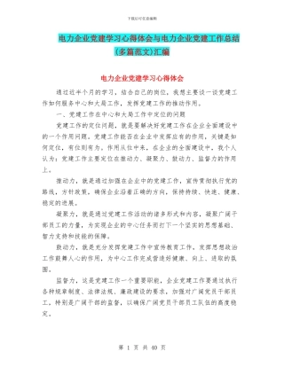 电力企业党建学习心得体会与电力企业党建工作总结汇编