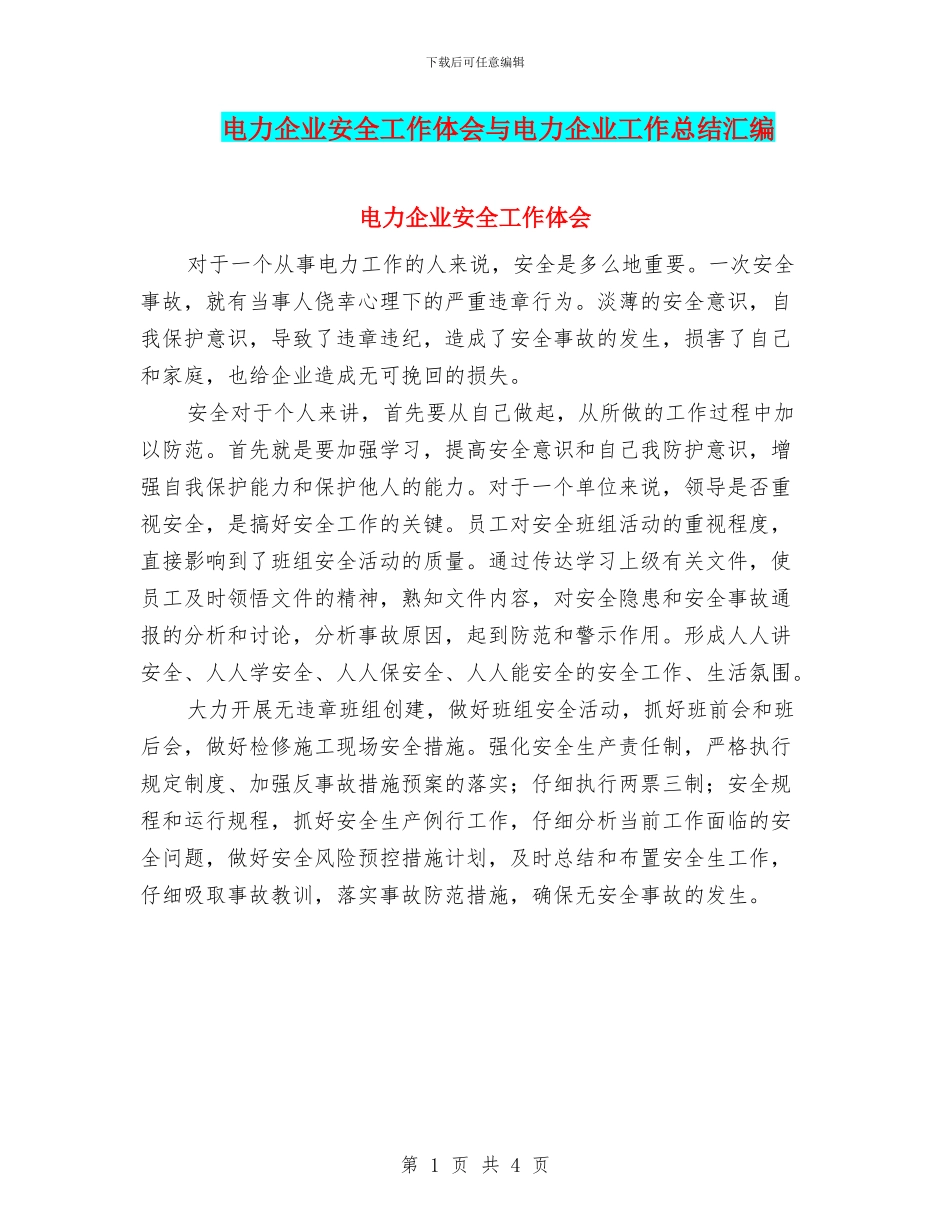 电力企业安全工作体会与电力企业工作总结汇编_第1页