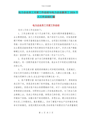 电力企业员工月度工作总结与电力企业新员工2024个人工作总结汇编
