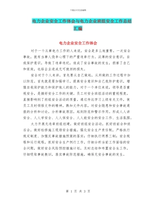 电力企业安全工作体会与电力企业班组安全工作总结汇编