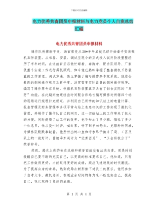 电力优秀共青团员申报材料与电力党员个人自我总结汇编
