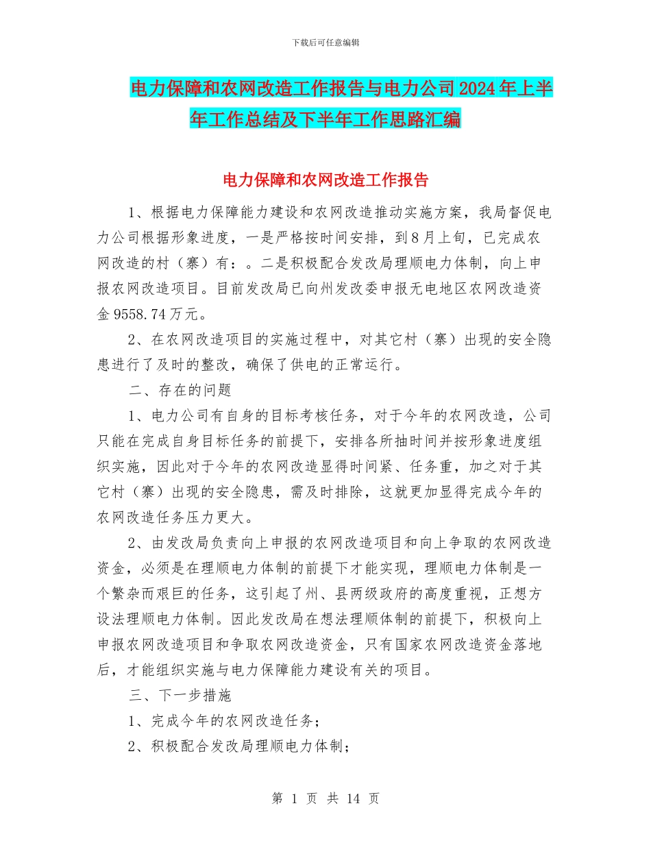 电力保障和农网改造工作报告与电力公司2024年上半年工作总结及下半年工作思路汇编_第1页