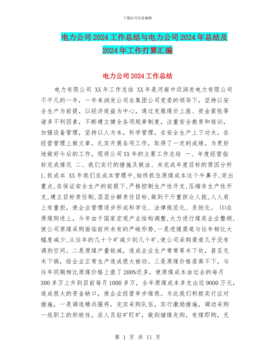 电力公司2024工作总结与电力公司2024年总结及2024年工作打算汇编_第1页