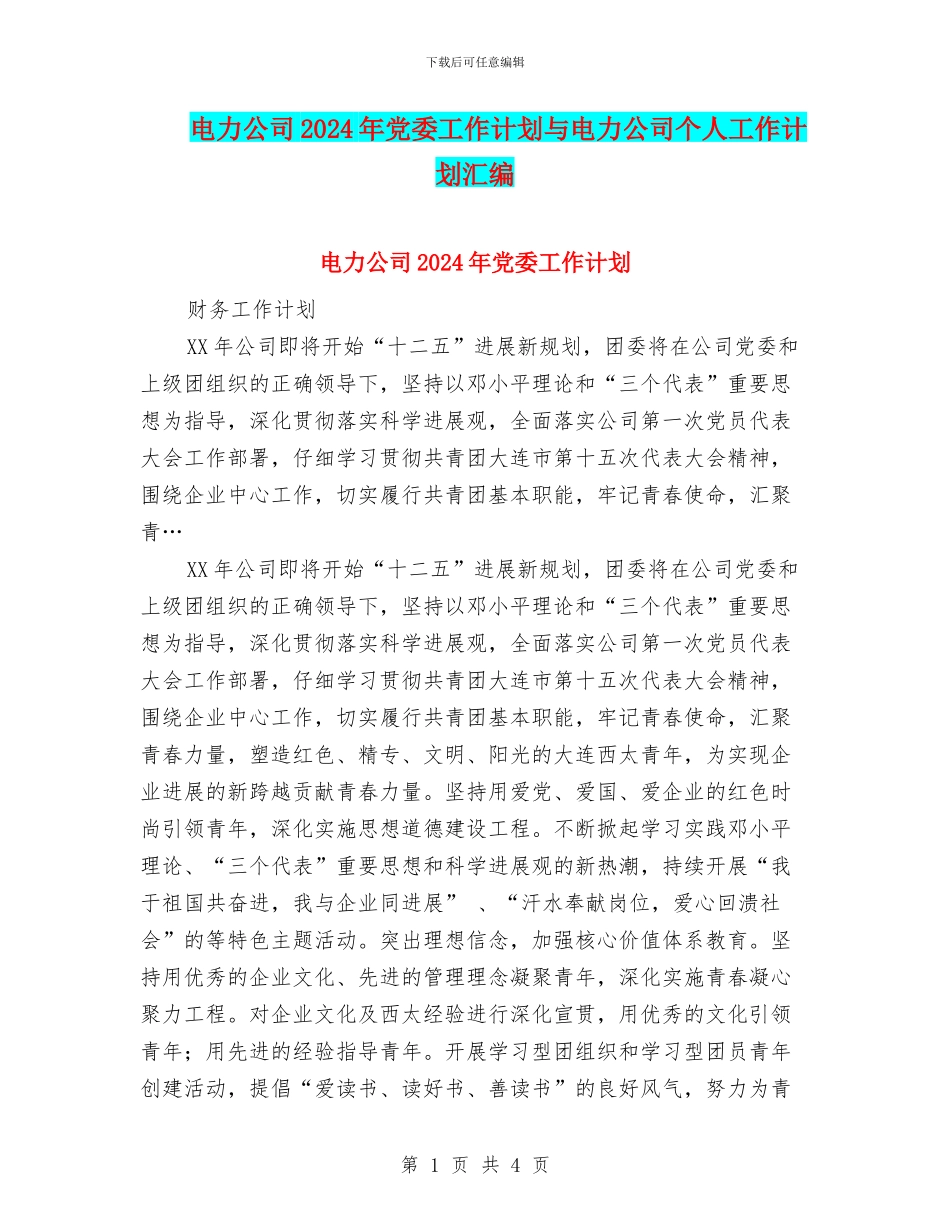 电力公司2024年党委工作计划与电力公司个人工作计划汇编_第1页