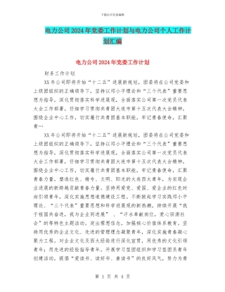 电力公司2024年党委工作计划与电力公司个人工作计划汇编