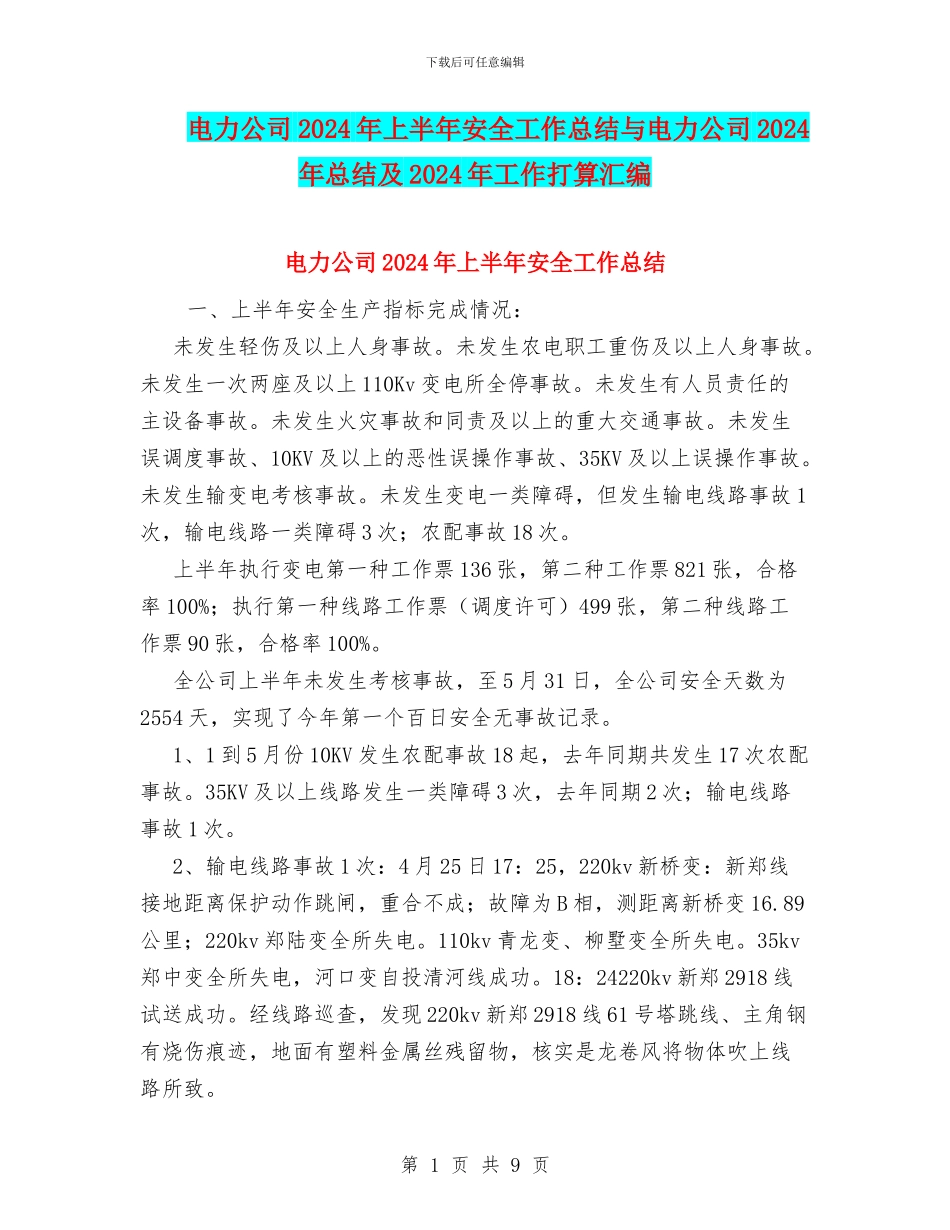 电力公司2024年上半年安全工作总结与电力公司2024年总结及2024年工作打算汇编_第1页