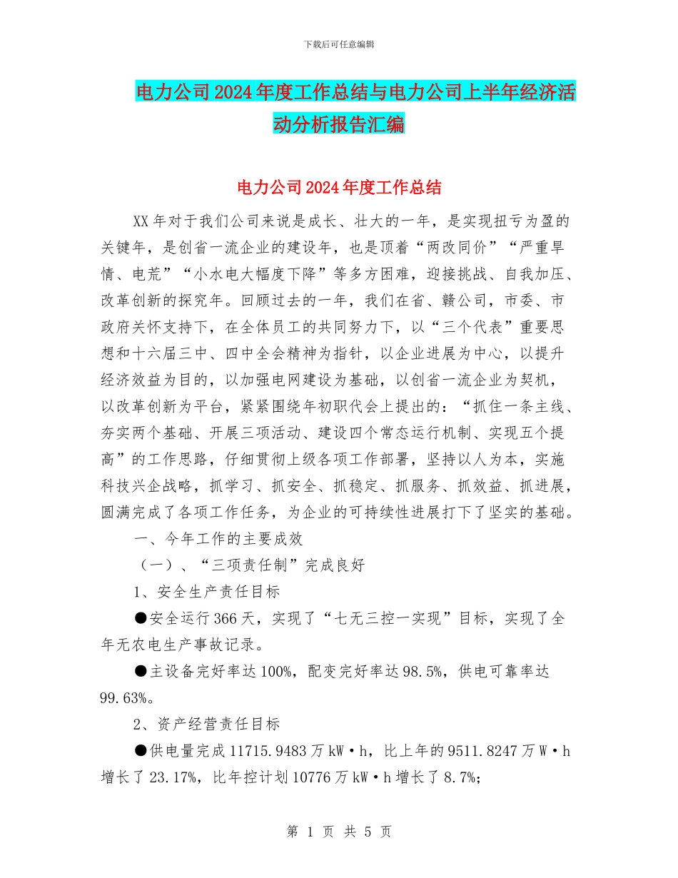 电力公司2024年度工作总结与电力公司上半年经济活动分析报告汇编_第1页