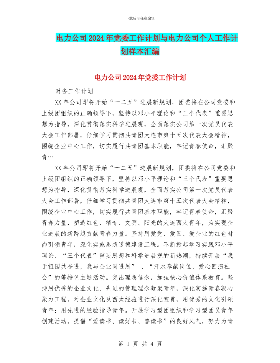 电力公司2024年党委工作计划与电力公司个人工作计划样本汇编_第1页