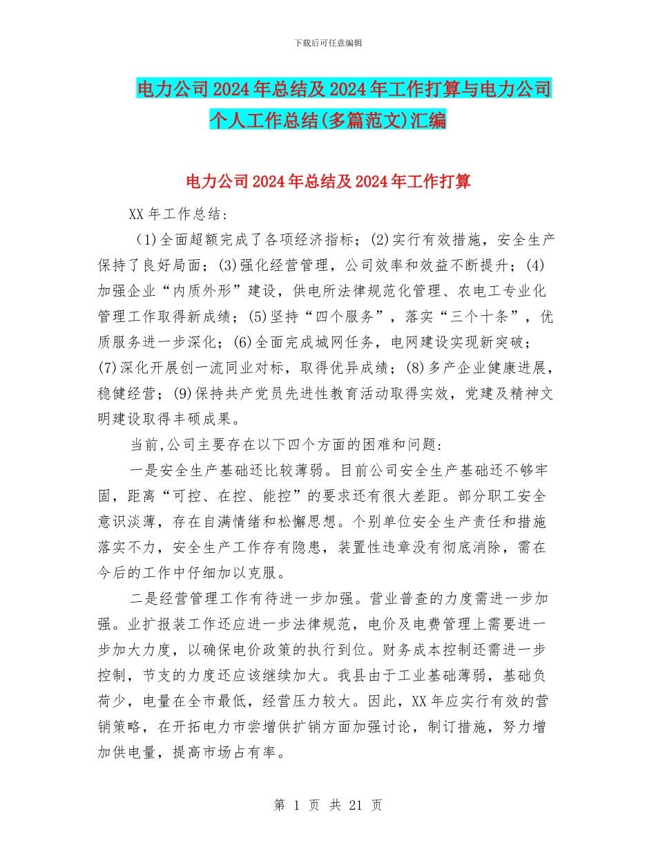 电力公司2024年总结及2024年工作打算与电力公司个人工作总结汇编_第1页