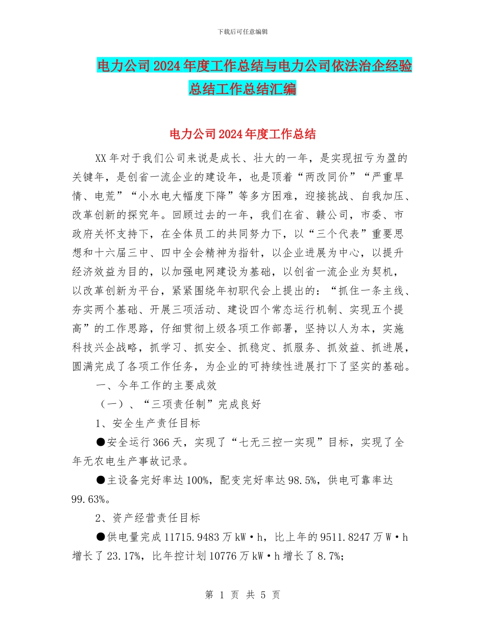 电力公司2024年度工作总结与电力公司依法治企经验总结工作总结汇编_第1页