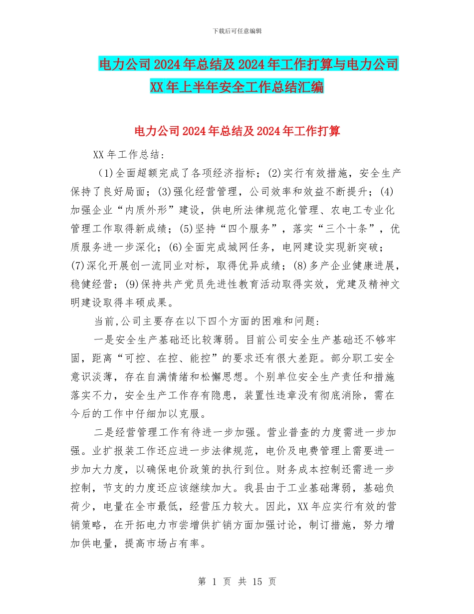 电力公司2024年总结及2024年工作打算与电力公司XX年上半年安全工作总结汇编_第1页