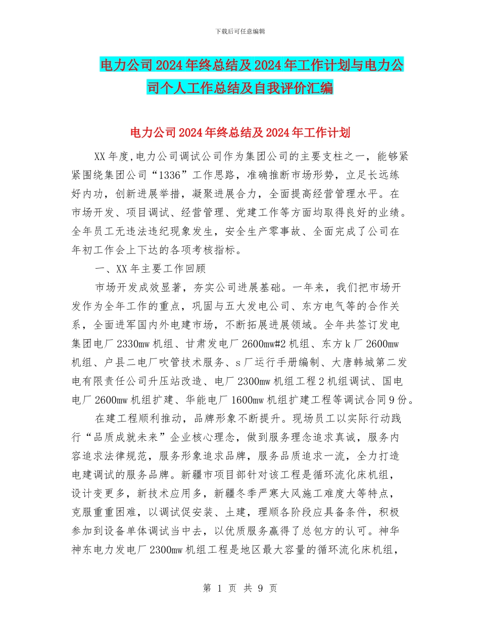电力公司2024年终总结及2024年工作计划与电力公司个人工作总结及自我评价汇编_第1页