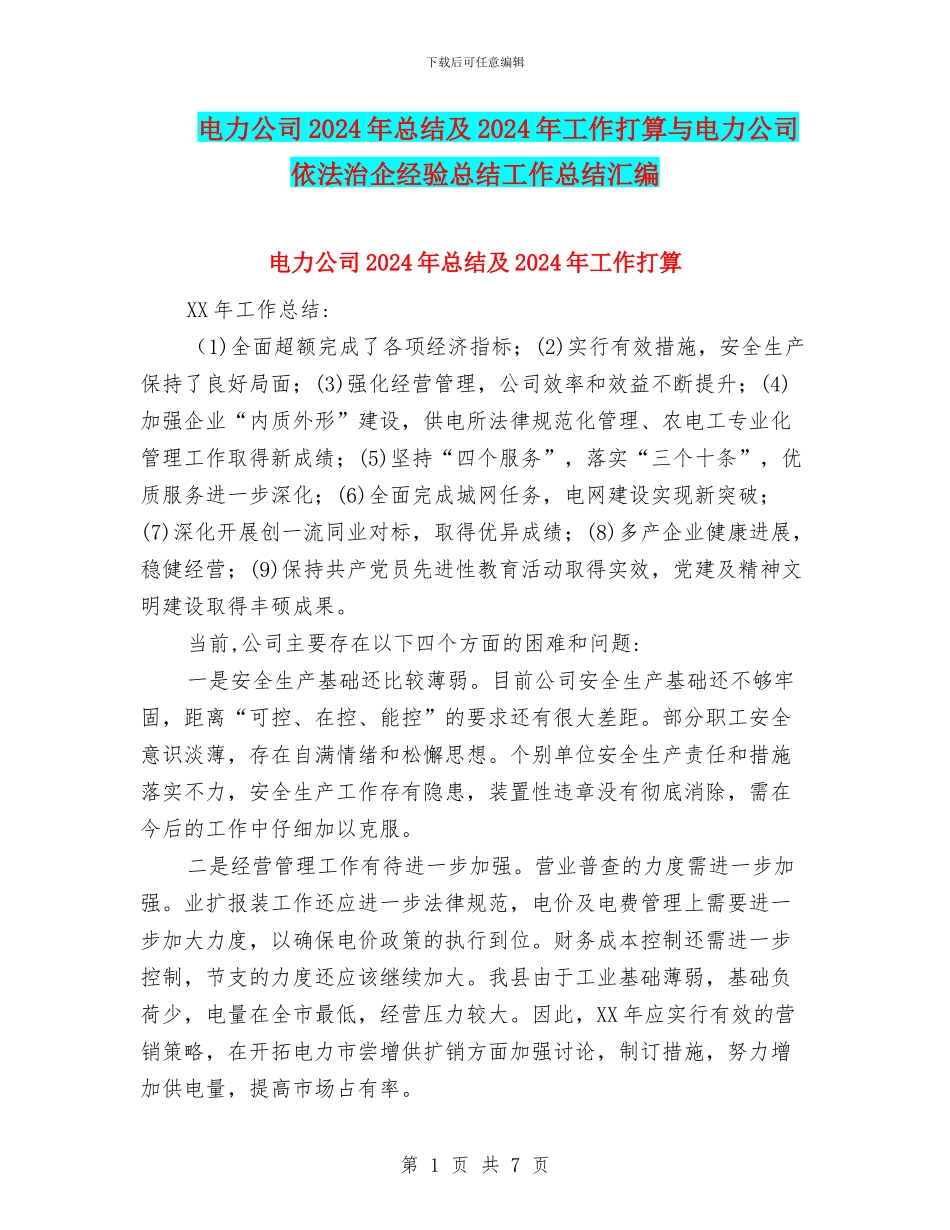 电力公司2024年总结及2024年工作打算与电力公司依法治企经验总结工作总结汇编_第1页