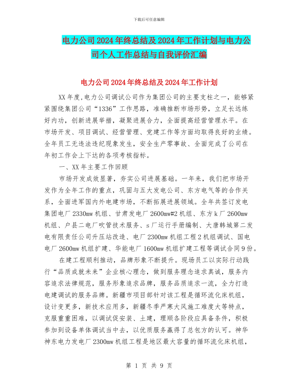 电力公司2024年终总结及2024年工作计划与电力公司个人工作总结与自我评价汇编_第1页