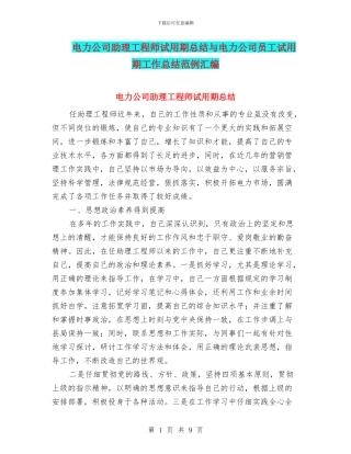 电力公司助理工程师试用期总结与电力公司员工试用期工作总结范例汇编