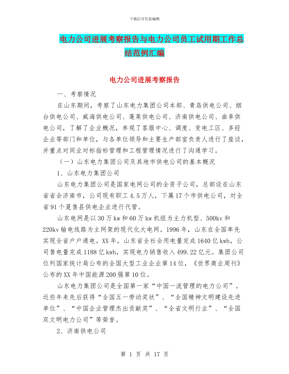 电力公司发展考察报告与电力公司员工试用期工作总结范例汇编_第1页